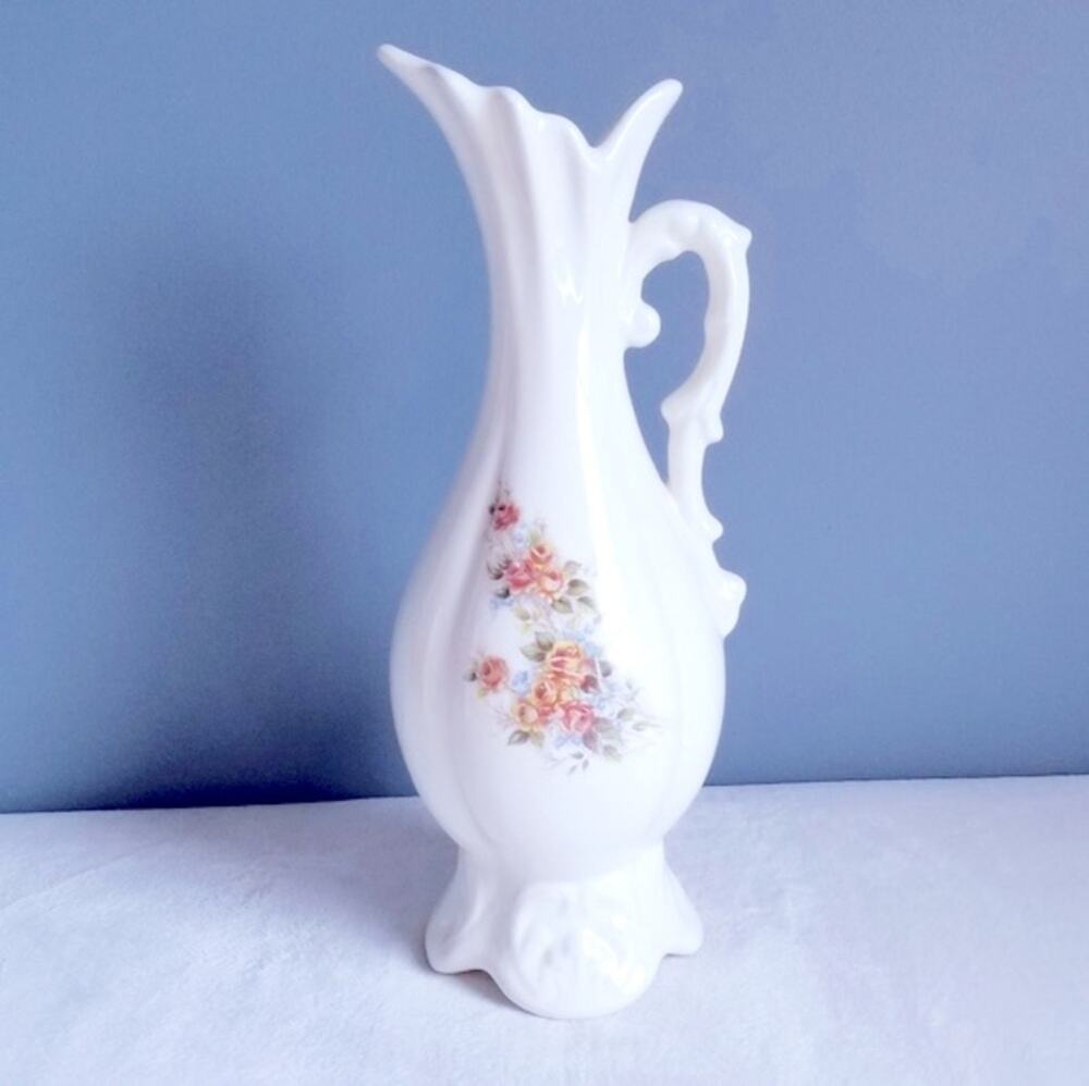 Vtg Hand-Painted Pitcher Vase Flower Cottagecore Shabby Chic Farmhouse Country
